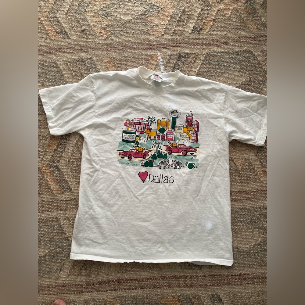 Vintage 1990s Single Stitch Dallas Landmark Tourist Map Cartoon T-Shirt - Sz L